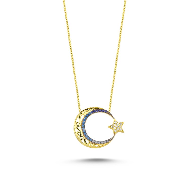 Ajour Design Star and Crescent Necklace with CZ - N86180