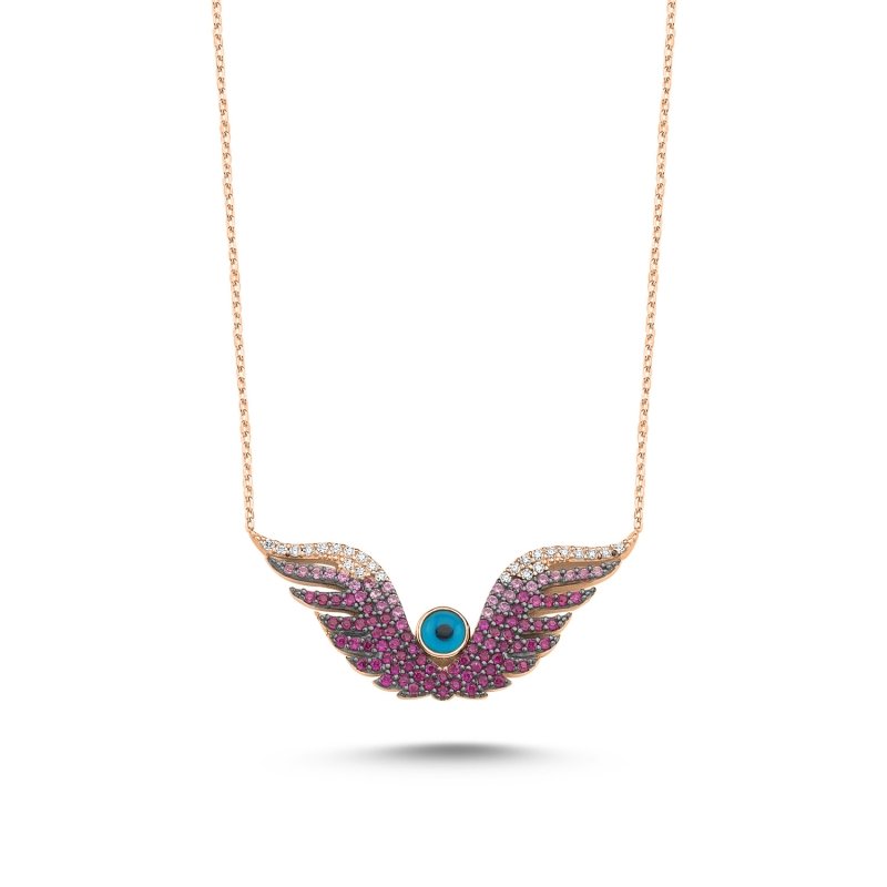 Shades of Pink CZ Wings Necklace with Evil Eye - N86182