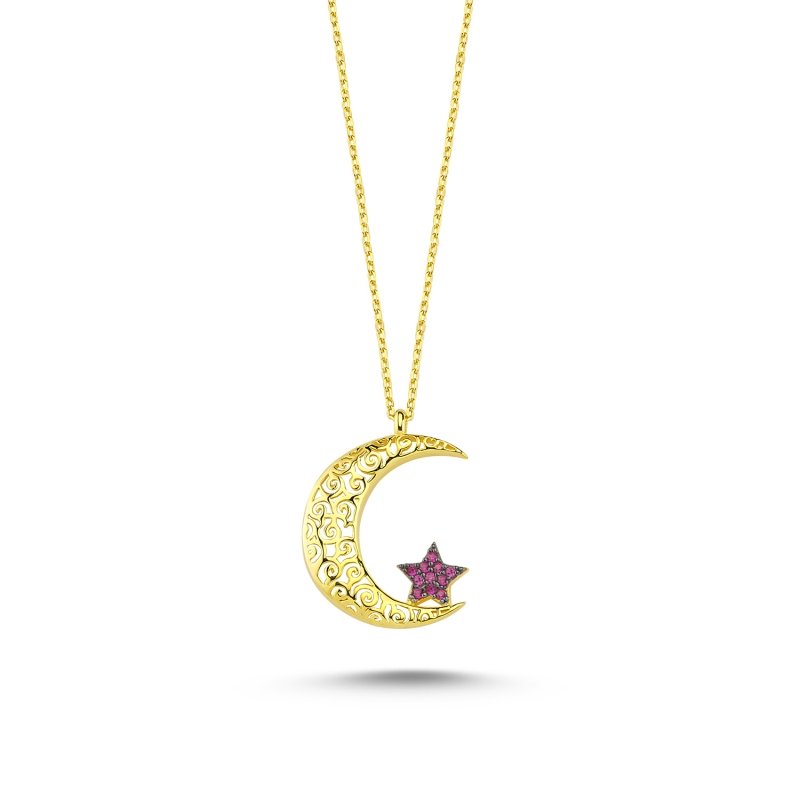 Ajour Design CZ Star and Crescent Necklace - N86188