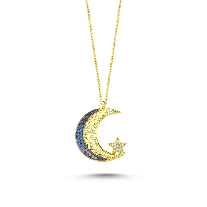 Shades Of Blue CZ Ajour The Star And Crescent Necklace - N86189