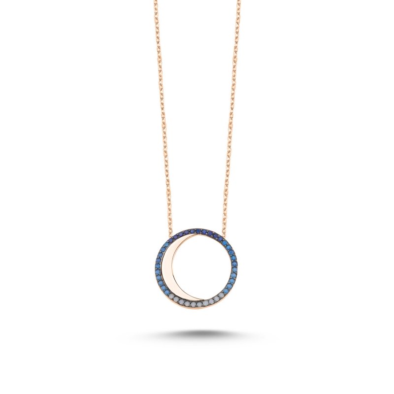 Shades of Blue CZ Crescent Moon in Circle Necklace - N86200