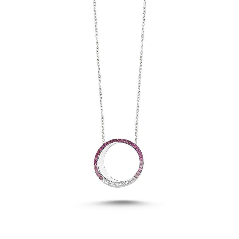 Shades Of Pink CZ Crescent Moon In Circle Necklace - N86201