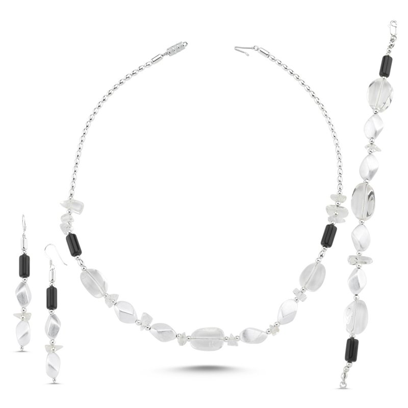 Onyx and Quartz Necklace, Bracelet & Earrings Bridal Set - S86270