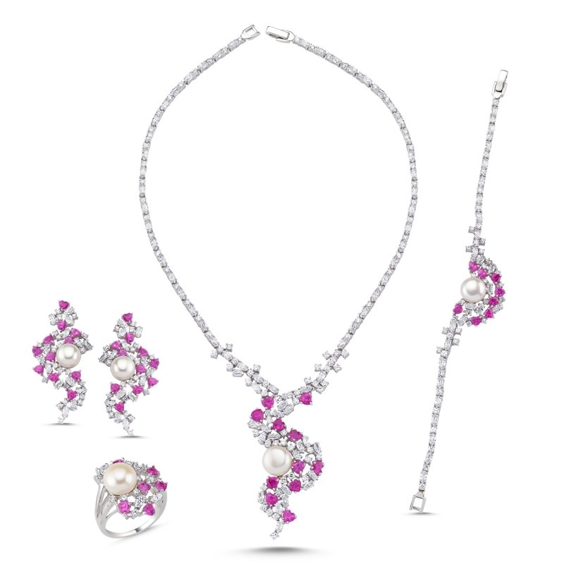 Pink CZ and Pearl Bridal Set - S86287