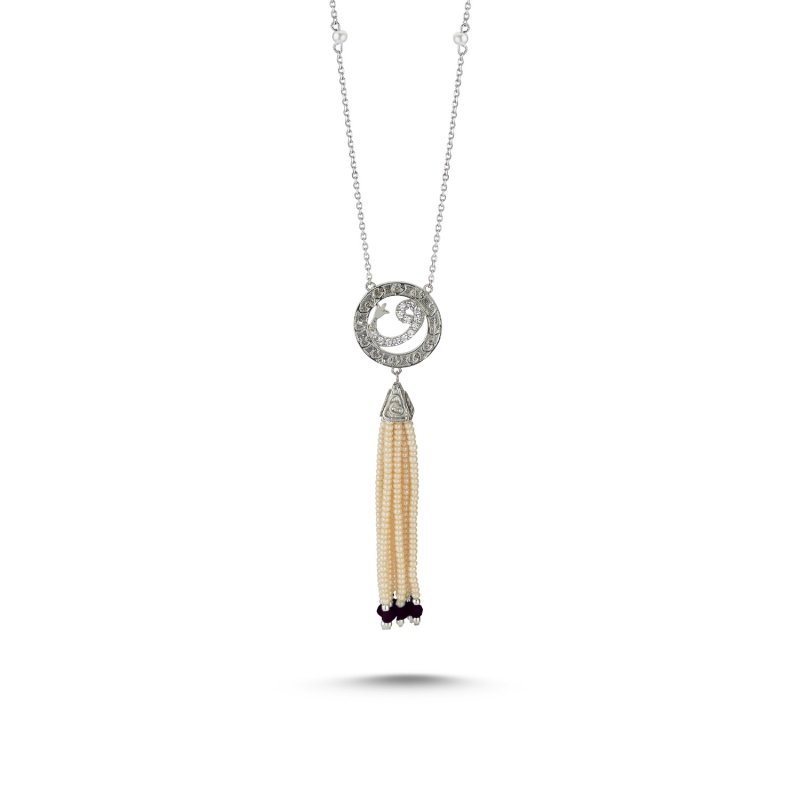 Waw CZ Necklace with Mallorca Pearl and Amethyst Tassel  - N86304