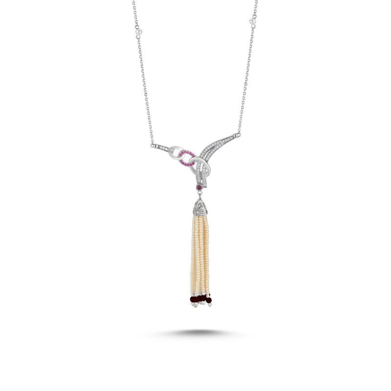 CZ Necklace with Mallorca Pearl and Amethyst Tassel - N86307