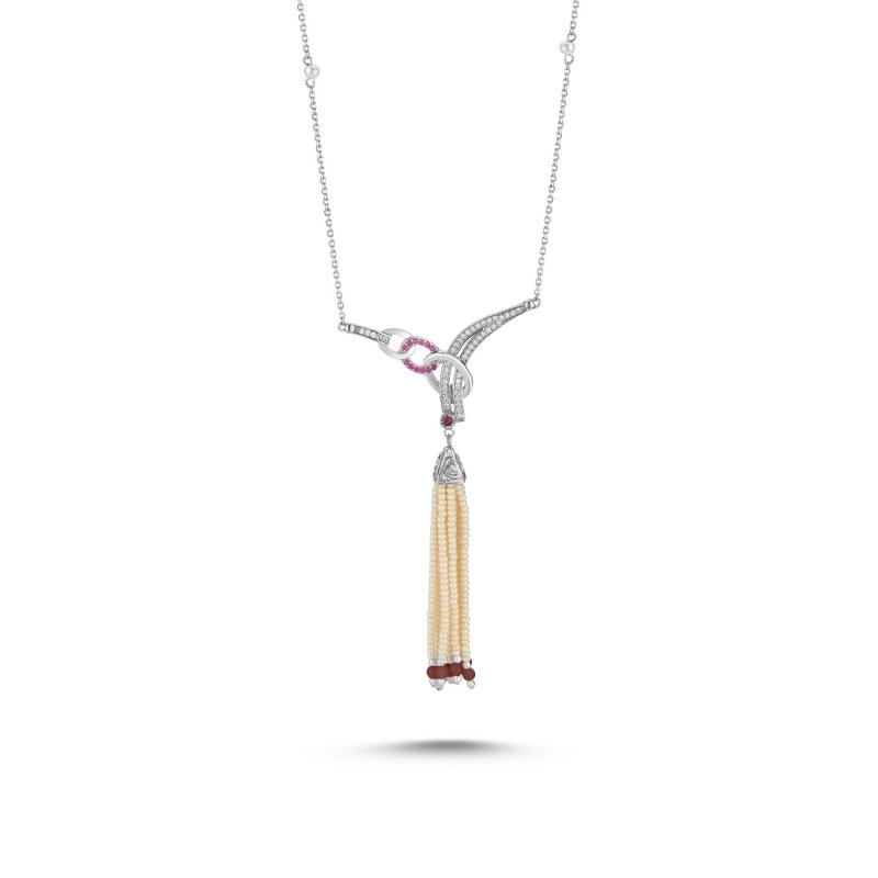 CZ Necklace with Mallorca Pearl and Ruby Red Quartz Tassel - N86309