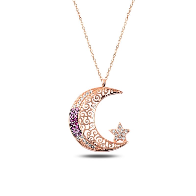 Shades of Pink CZ The Star and Crescent Necklace - N87531