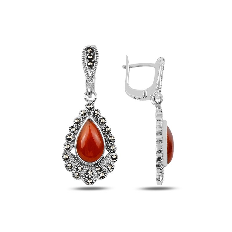Marcasite & Red Agate Dangle Earrings - E89966