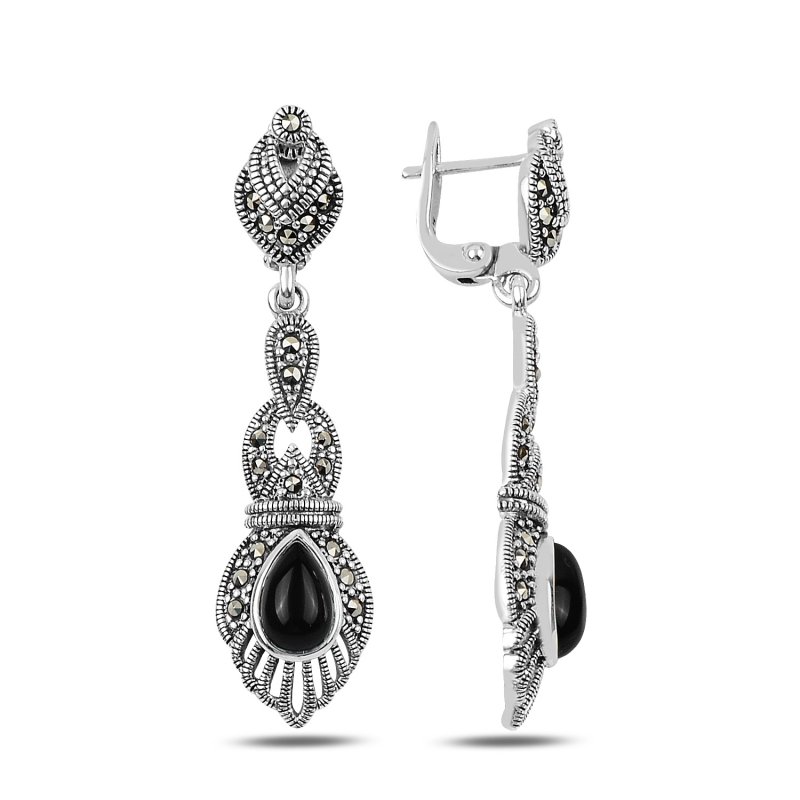 Marcasite & Onyx Dangle Earrings - E89972
