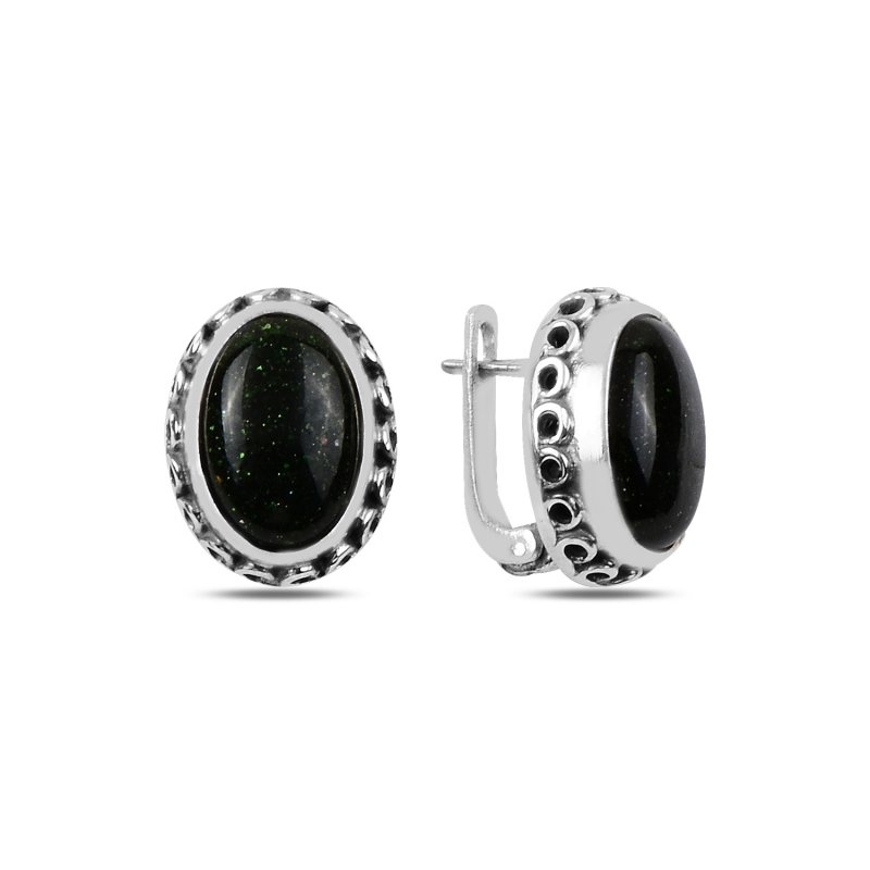 Green Goldstone Handmade Oxidized Earrings - E90178