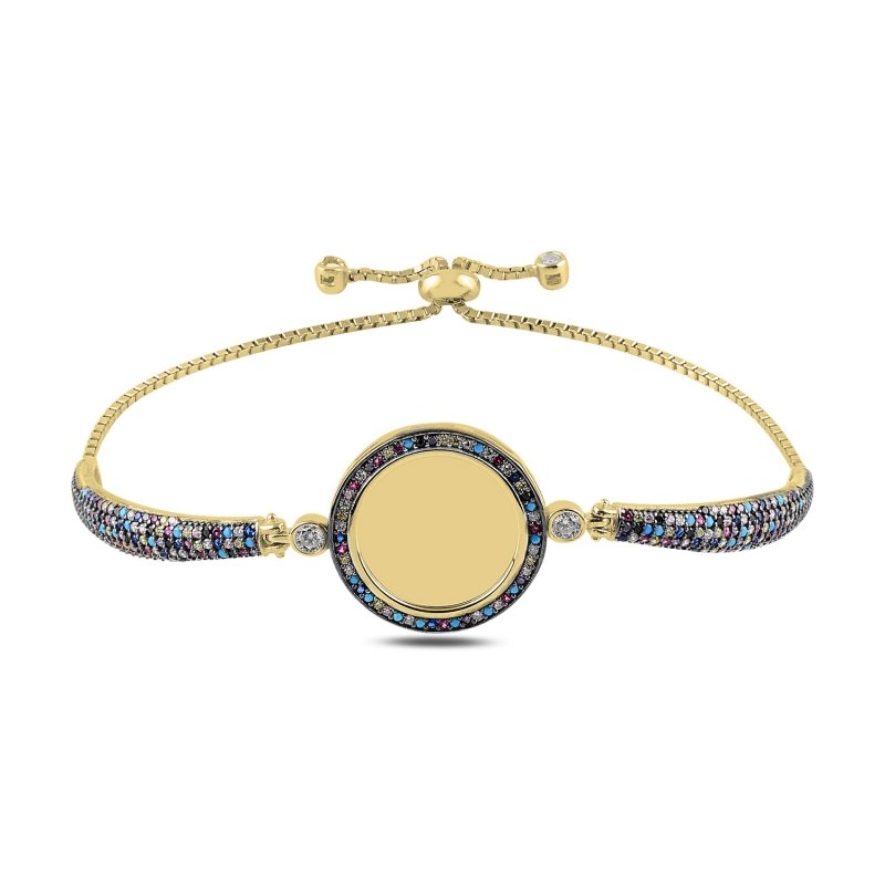 Mix CZ Bezel Round Plate Adjustable Sliding Bracelet - B91031