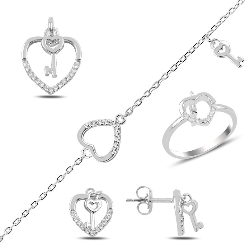 Key of Heart CZ Earrings, Pendant, Bracelet & Ring Set - S91422