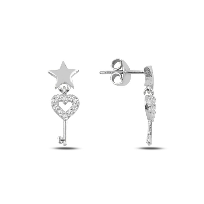 Key & Heart CZ Dangle Stud Earrings - E91975