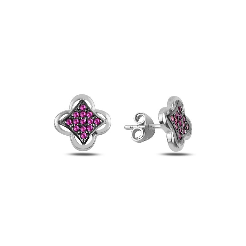 Quatrefoil Ruby CZ Stud Earrings - E92376