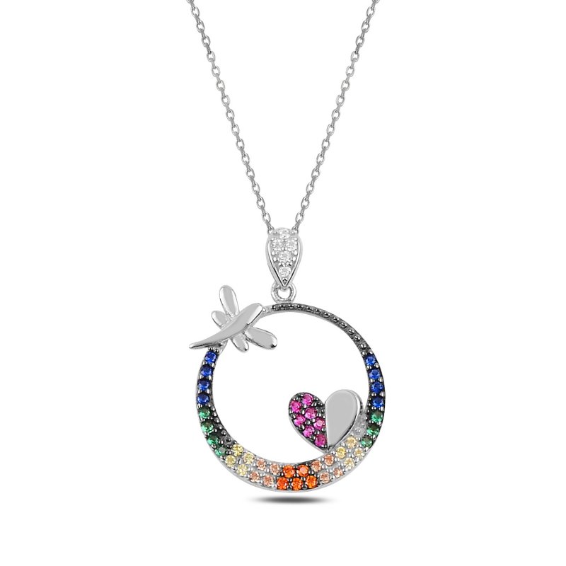 Heart & Dragonfly Colorful CZ Necklace - N92419