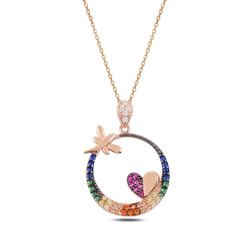 Heart & Dragonfly Colorful CZ Necklace - N92419