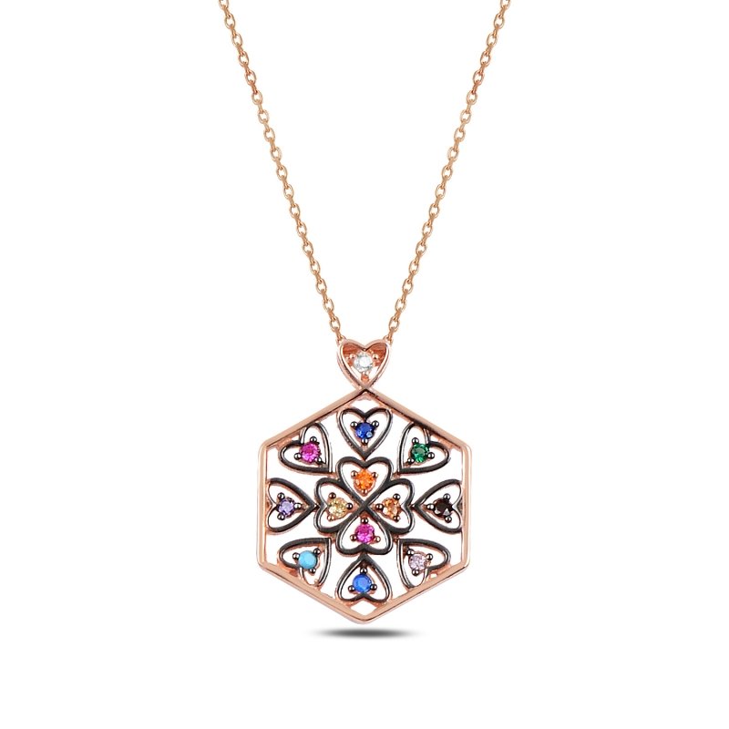 Heart In Hexagon Colorful CZ Necklace - N92423