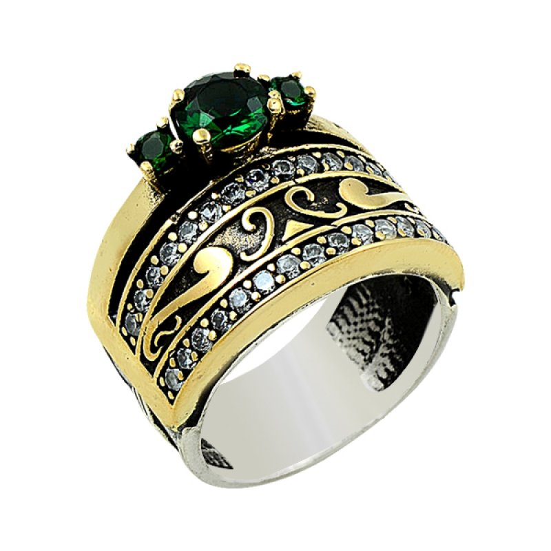 CZ Half Eternity & Solitaire Ottoman Style Ring - R09290