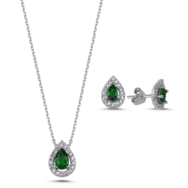 Teardrop Colored CZ Solitaire Halo Set - S93746
