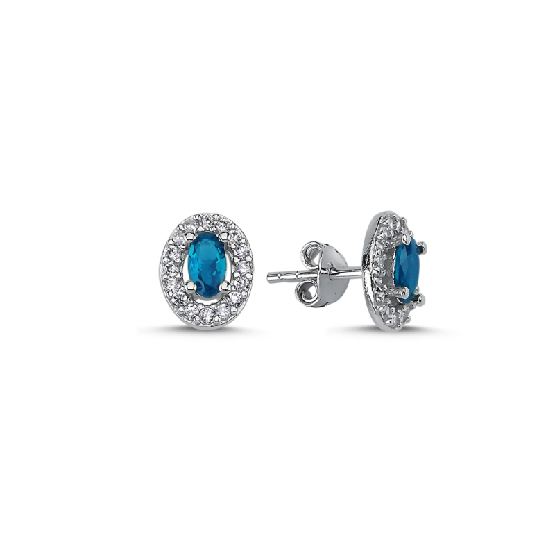 Halo Solitaire Oval Colored CZ Stud Earrings - E93757