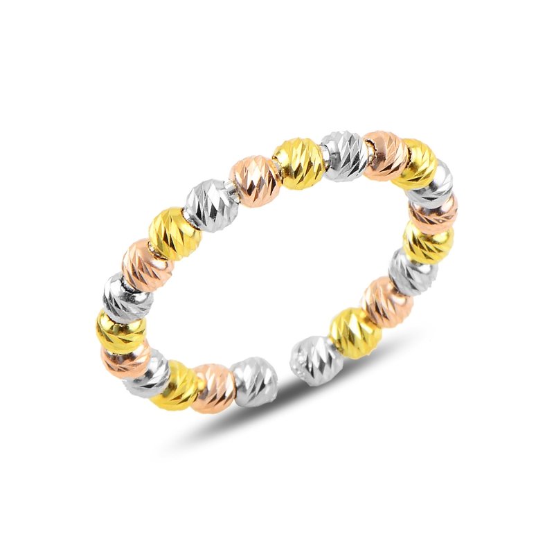 Diamond Cut Tricolor Ball Single Row Adjustable Size Ring - R93786