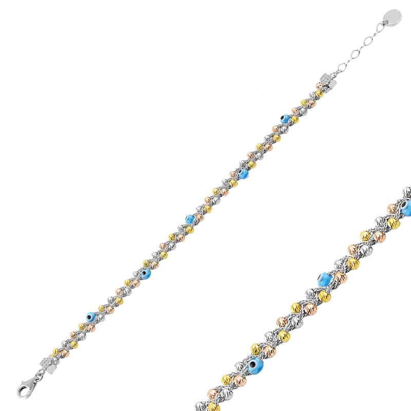 Diamond Cut Tricolor Ball & Evil Eye Bracelet - B93796