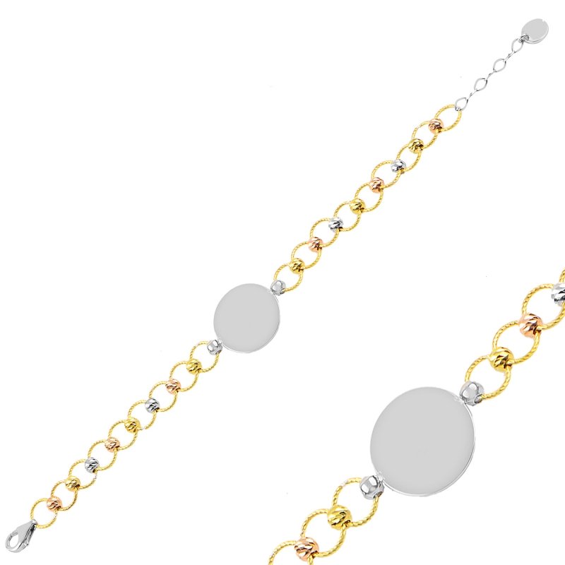 Diamond Cut Tricolor Ball With Round Plate Bracelet - B93797