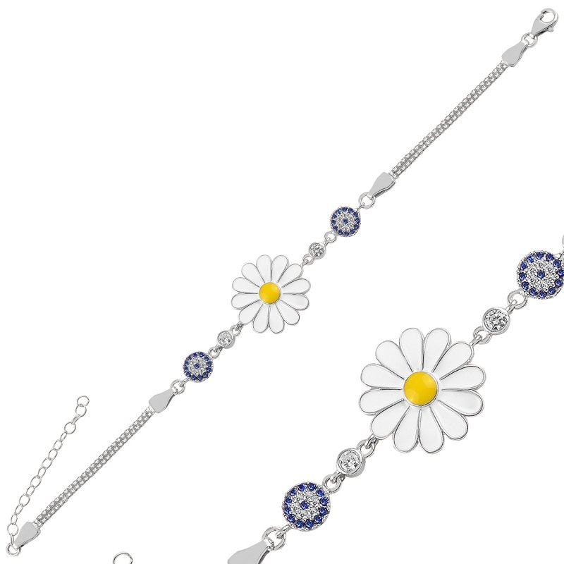CZ Enamel Daisy & Evil Eye Box Chain Bracelet - B94044