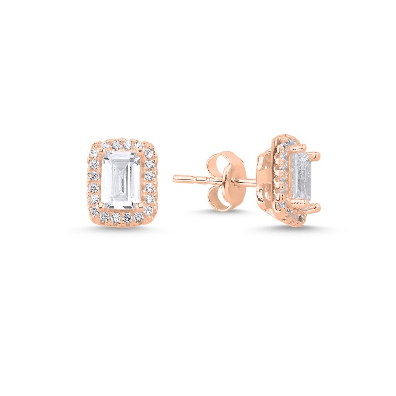 Baguette CZ Solitaire Halo Stud Earrings - E94147