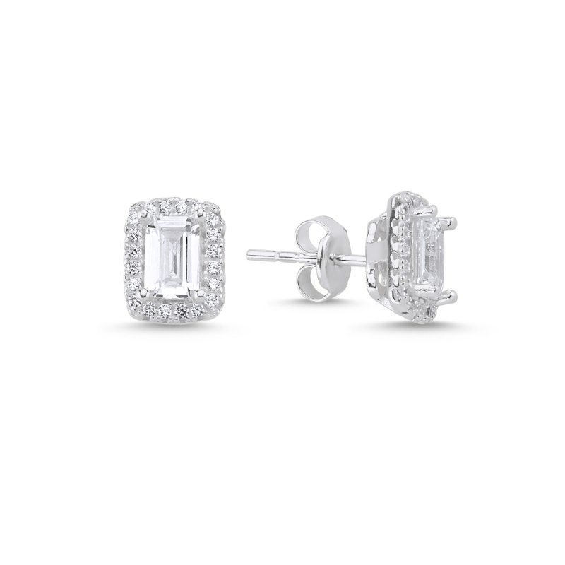 Baguette CZ Solitaire Halo Stud Earrings - E94147