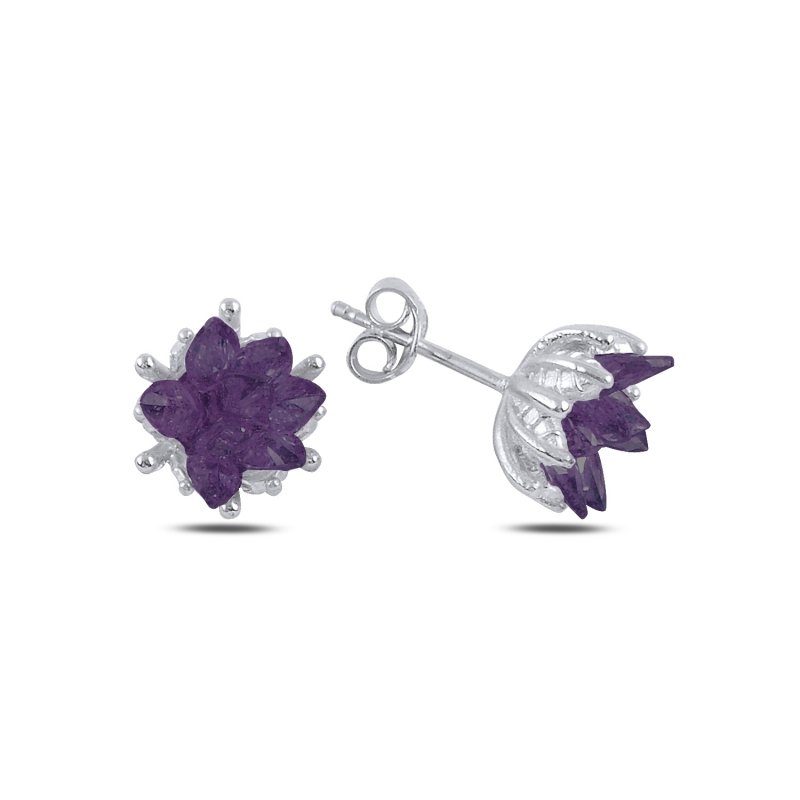 Lotus Flower Amethyst CZ Stud Earrings - E94244