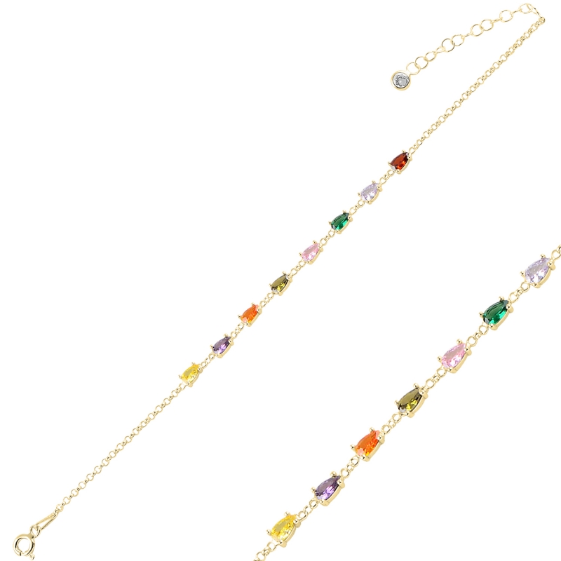 Teardrop Multi Color CZ Rolo Chain Bracelet - B94980