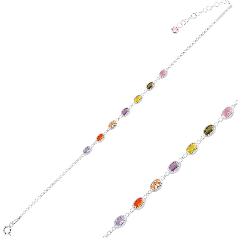 Oval Multi Color CZ Rolo Chain Bracelet - B94984