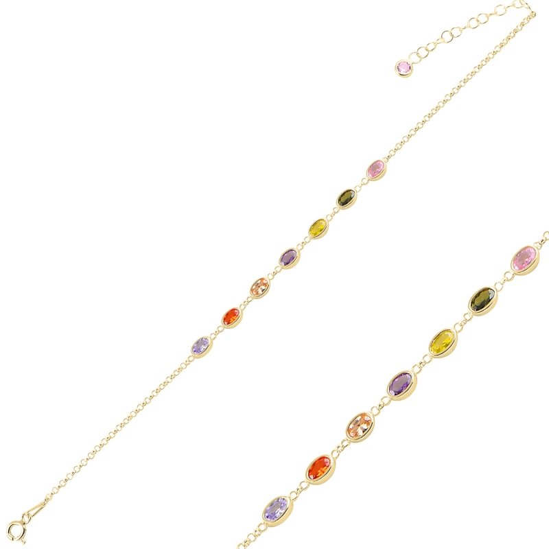 Oval Multi Color CZ Rolo Chain Bracelet - B94984