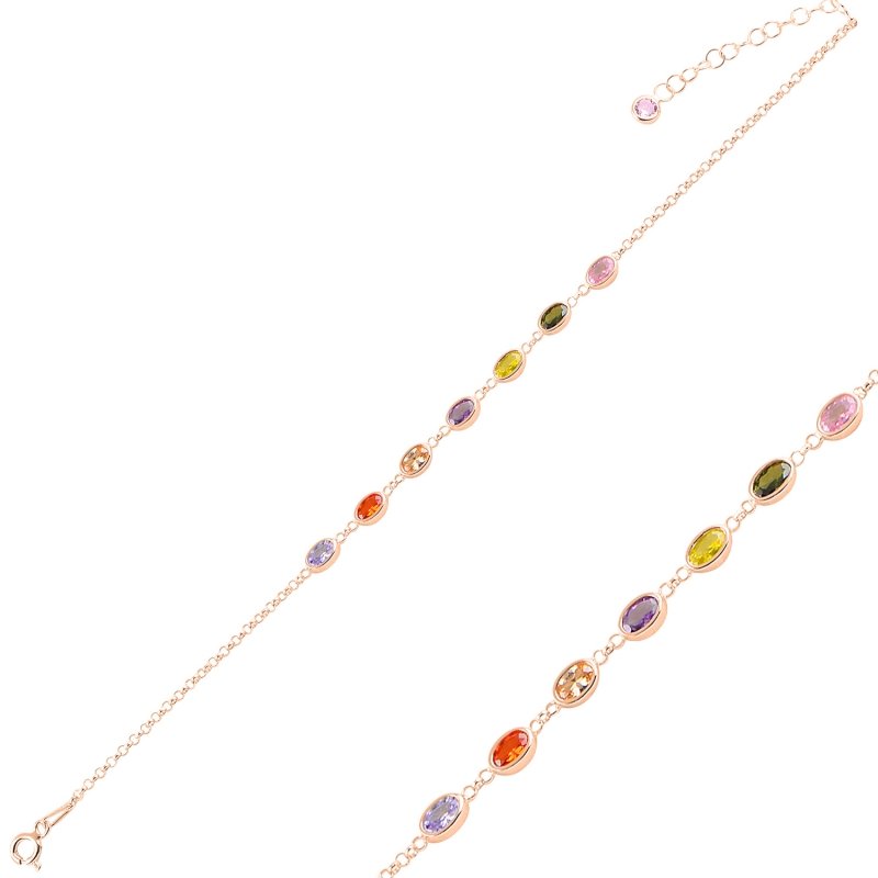 Oval Multi Color CZ Rolo Chain Bracelet - B94984