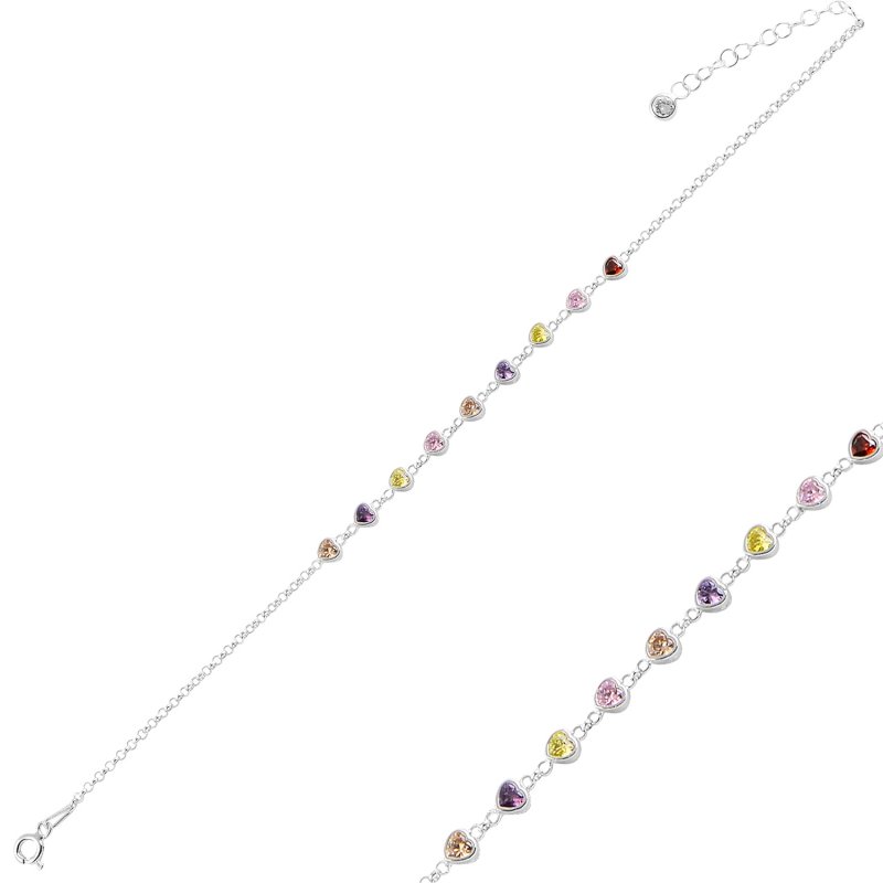 Heart Multi Color CZ Rolo Chain Bracelet - B94990