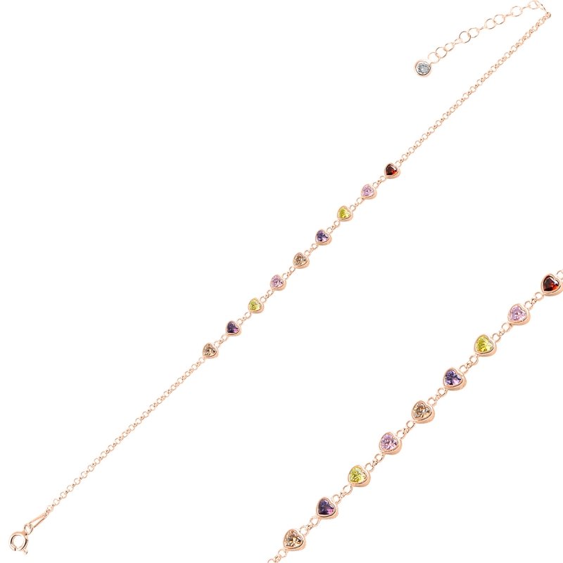 Heart Multi Color CZ Rolo Chain Bracelet - B94990