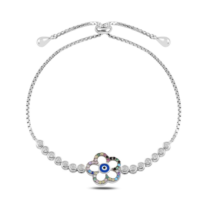 Evil Eye & Daisy CZ Adjustable Sliding Bracelet - B95406