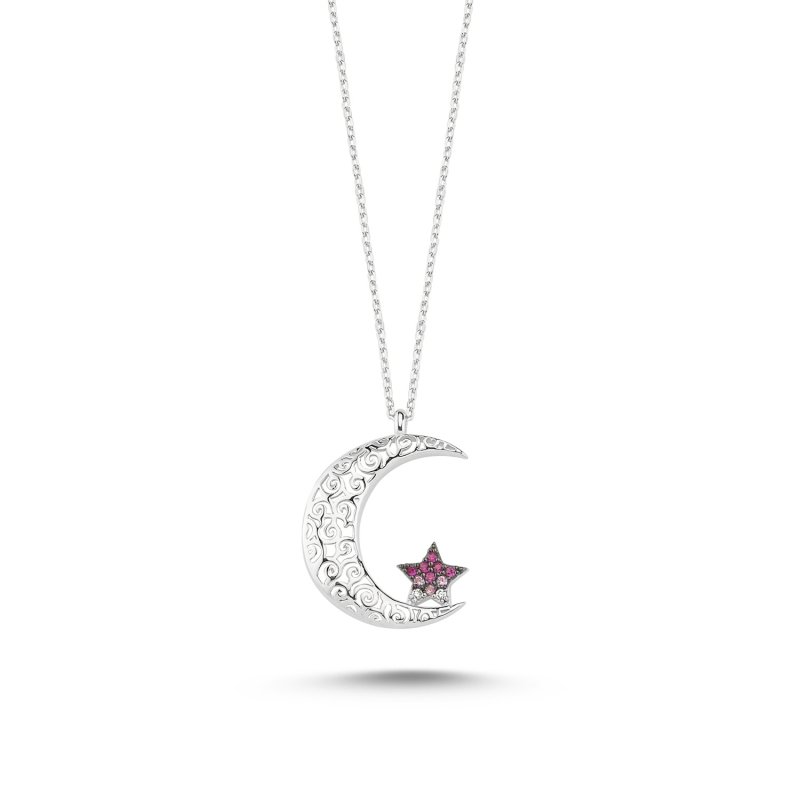 Ajour Design CZ Star and Crescent Necklace - N97087