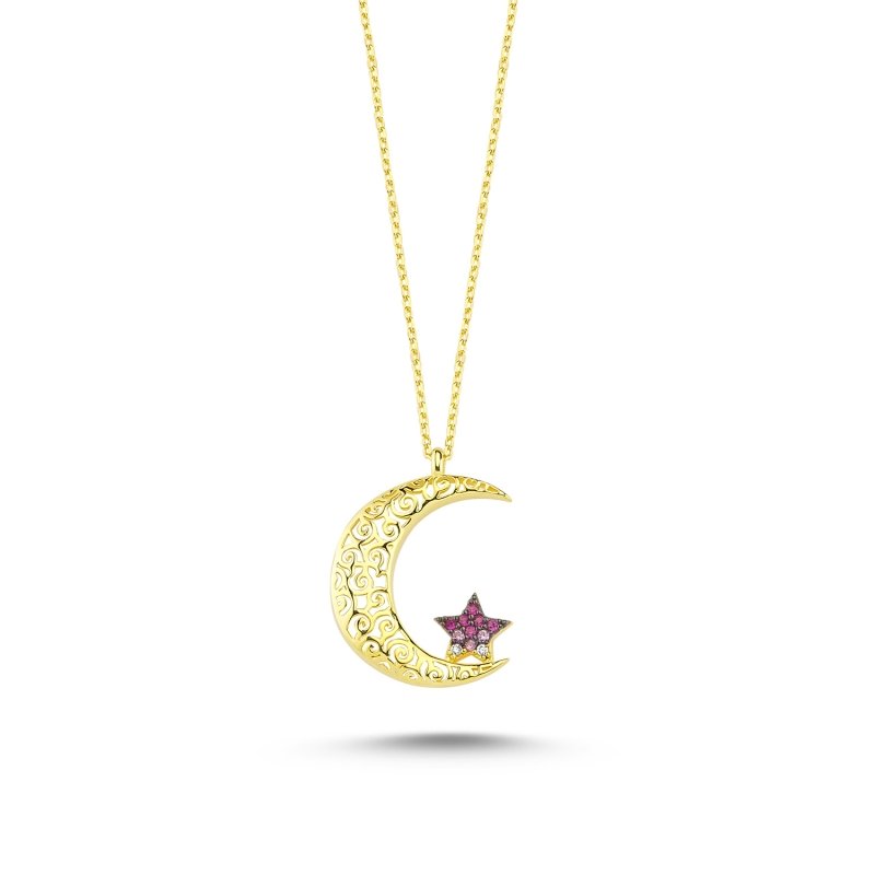 Ajour Design CZ Star and Crescent Necklace - N97087