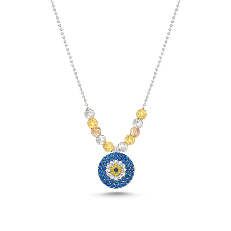 Evil Eye Diamond Cut Tricolor Ball & CZ Necklace - N97476