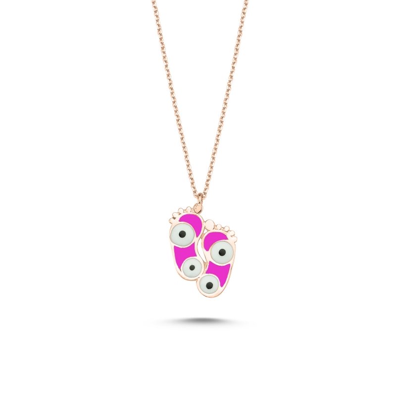 Evil Eye & Footprint Pink Enamel Necklace - N99017