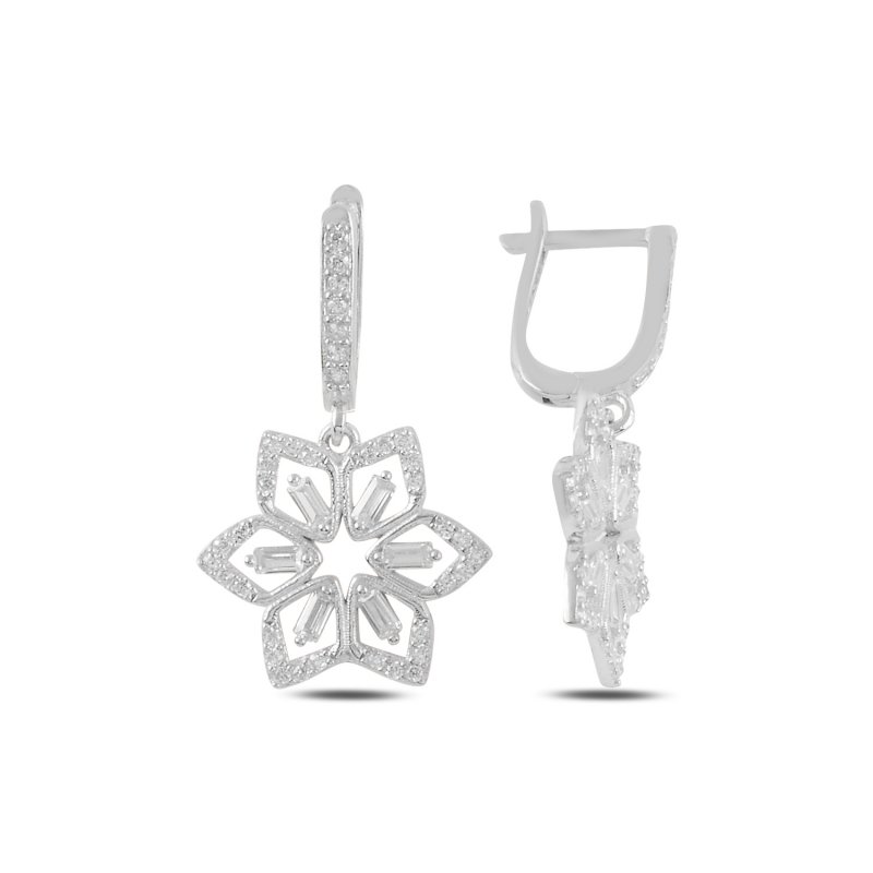 Flower Baguette CZ Dangle Latch Back Earrings - E99503