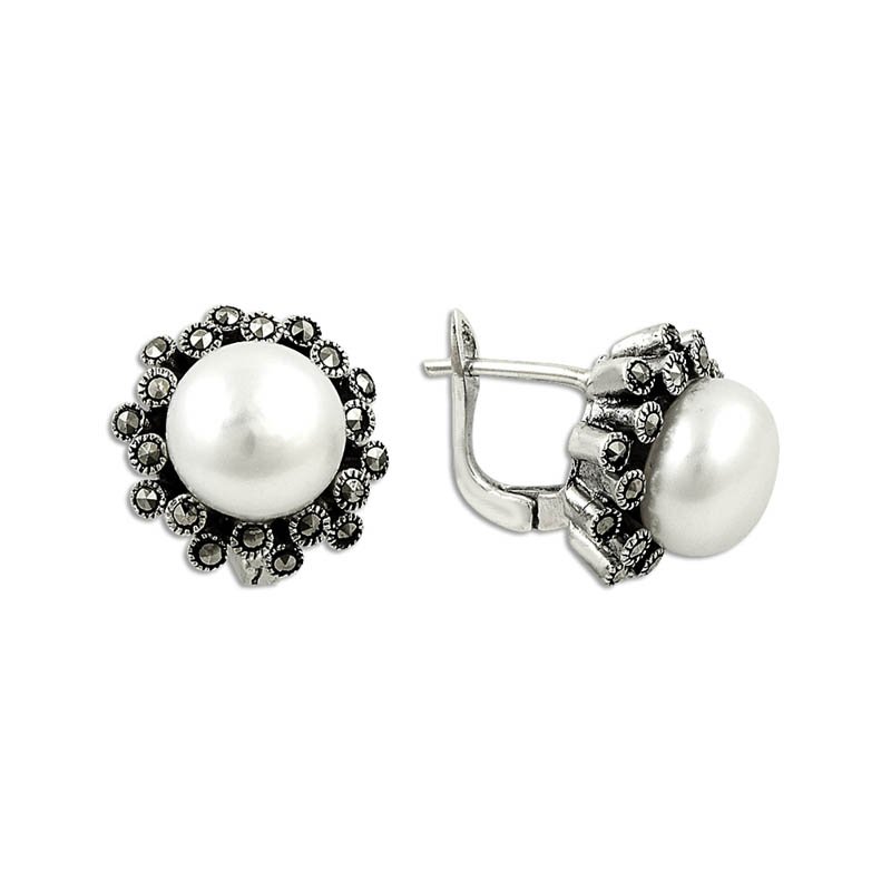 Pearl and Marcasite Daisy Earrings - E09896