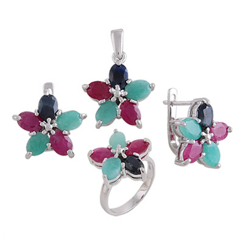 Ruby, Emerald and Sapphire Flower Set - S00896